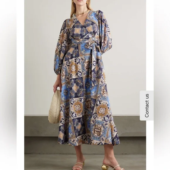 Zimmermann Patchwork Sailor Print Blue and Tan Long Sleeve Wrap Dress